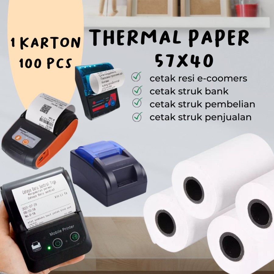 

Kertas Struk Thermal Paper Rol 1 paket uk 57x40 100 pcs (1karton)