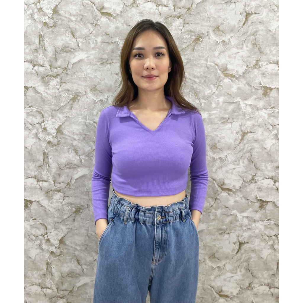 MODAVIE - TAVIA CROP TOP Longsleeve Korea Knit Polo Crop Tee Baju Atasan Wanita Basic Tee