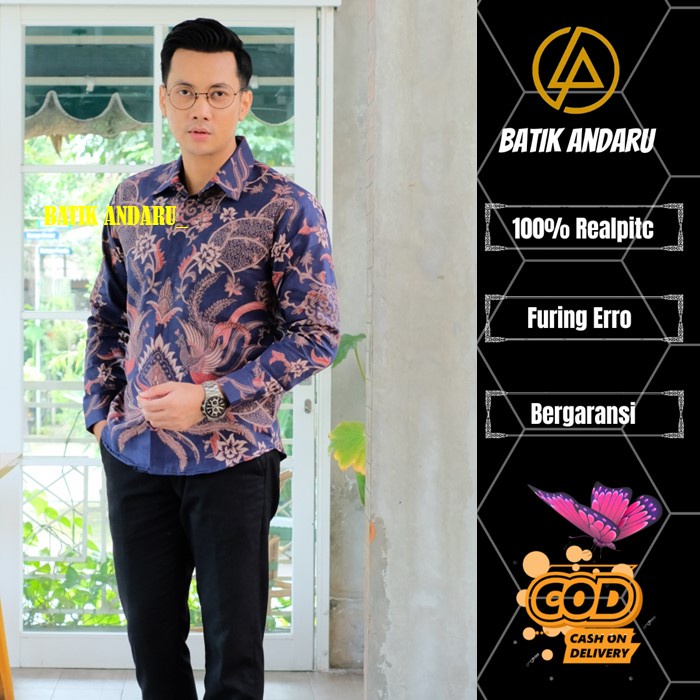 Kemeja Batik Pria Slim Fit Lengan Panjang Modern Heem Premium Elegant Sentani Warna Biru