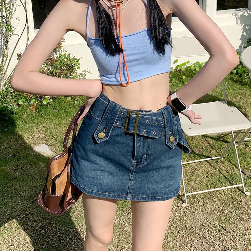 Red Rok Denim Wanita 2023 Musim Panas Baru Retro All-Match Pinggang Tinggi Gadis Rok Mini Tas Hip Rok Rok Celana rok