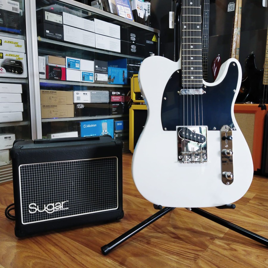 Paket Guitar & Amplifier (Stinger Telecaster White & Sugar Amplifier)