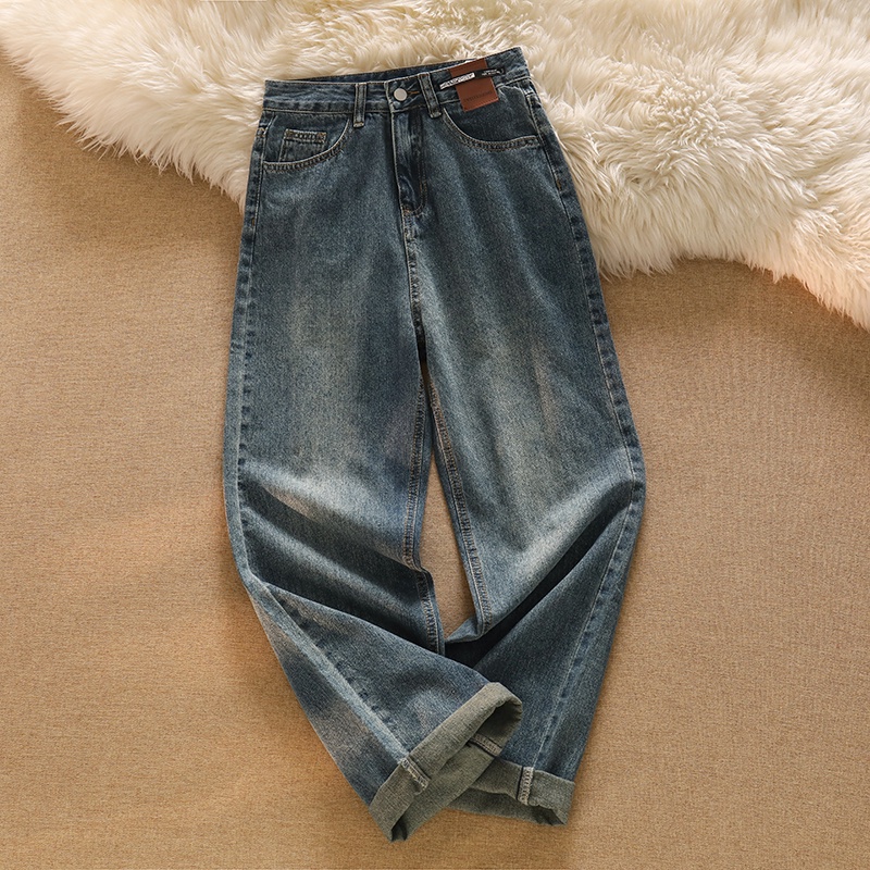 Biru retro Highwaist Straight Loose Celana Jeans Wanita Fashionable (realpict)