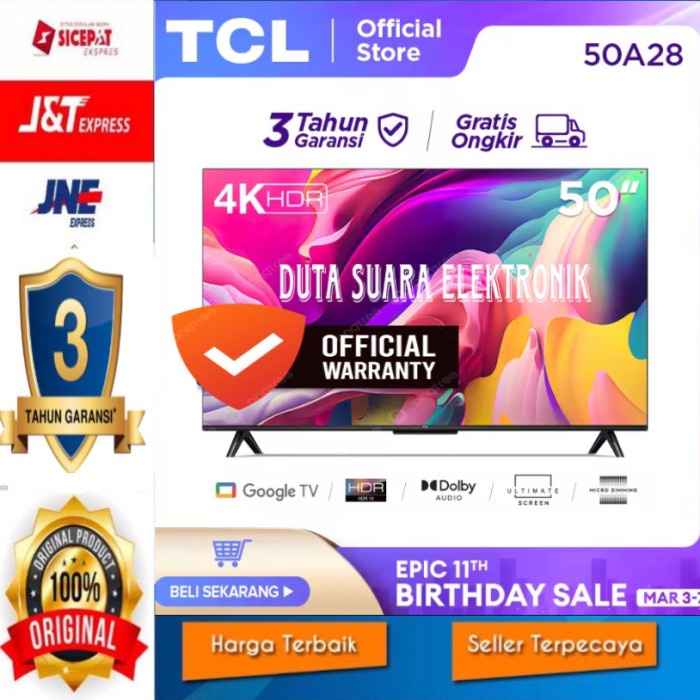 LED TV 50 GOOGLE TV TCL 50A28 4K UHD HDR10 DOLBY ATMOS ANDROID SMART
