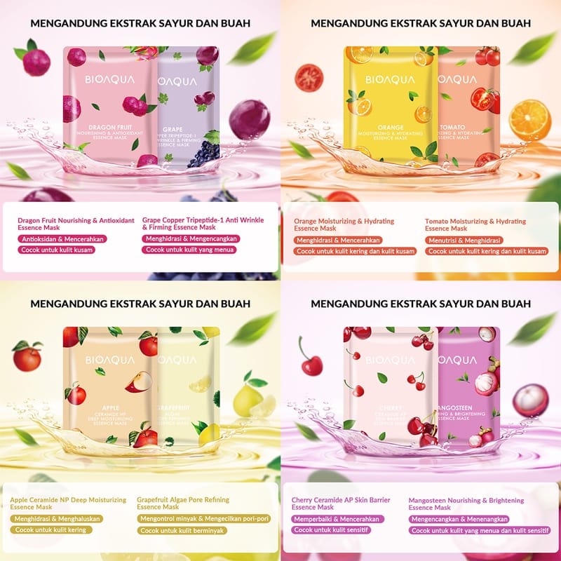 ❤ PAMELA❤ BIOAQUA Sheet Mask Hydrating Essence Face Mask Brightening Moisturizing Skin Care Anti aging Masker Wajah(25g/pcs)