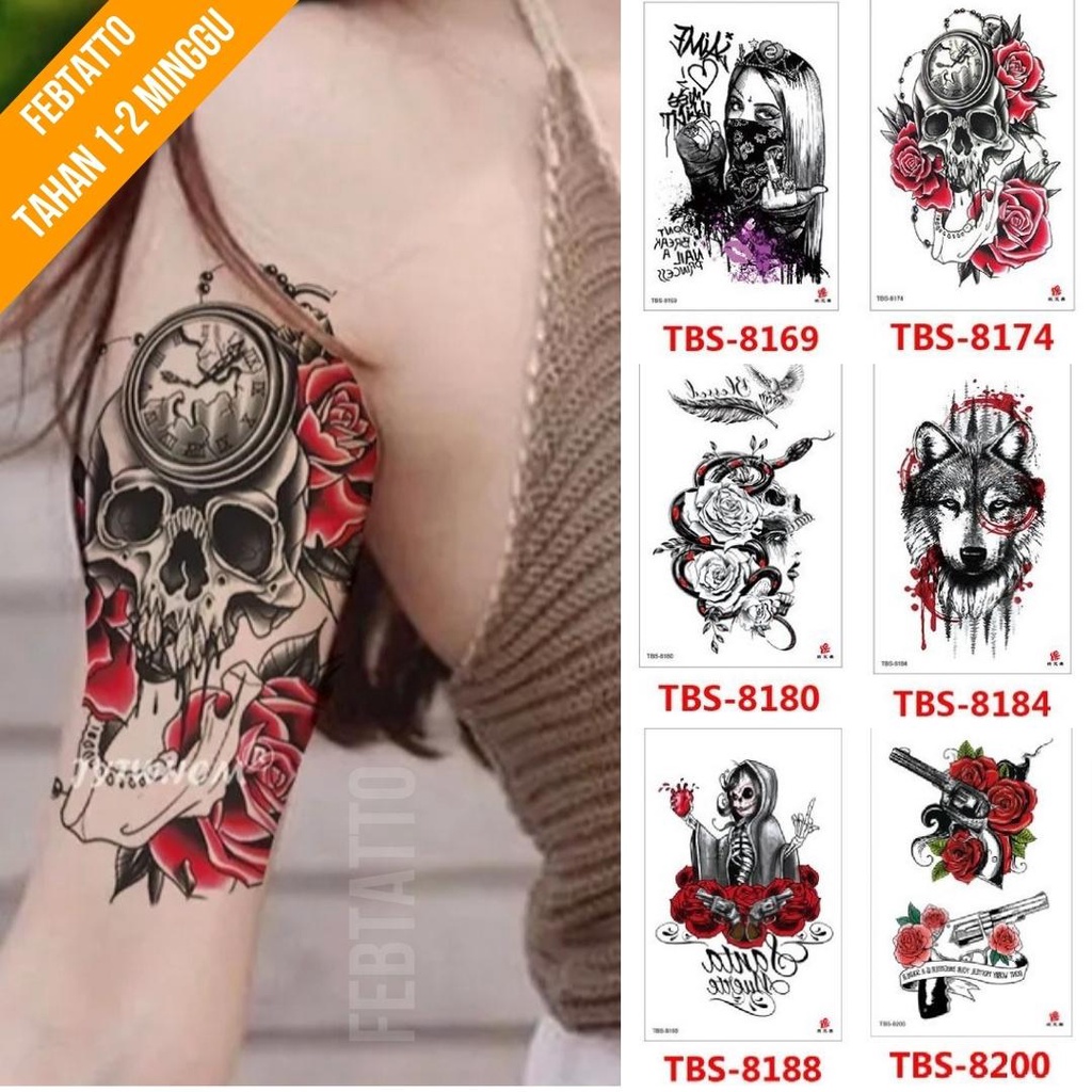 Tato Temporer Ukuran 12cmx19cm Motif Aesthetic Tatto Temporary Stiker Tato Halal Grosir Tato air motif perempuan, bunga, tengkorak, serigala, pistol TBS 8174