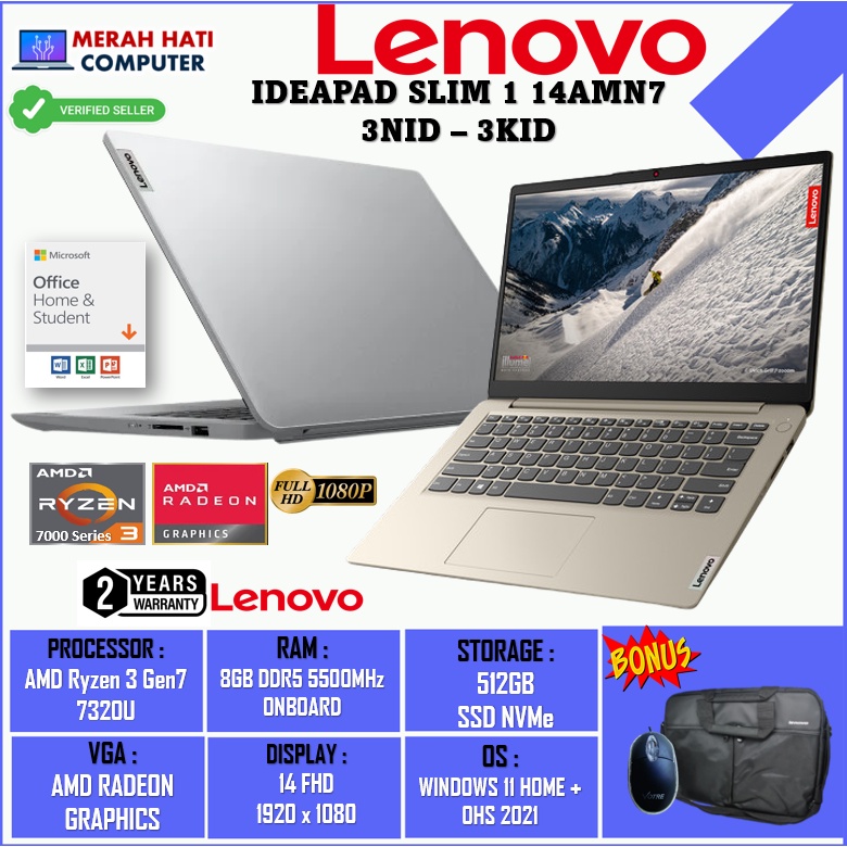 Laptop Slim Terbaru Lenovo Ideapad Slim 1 14 AMD Ryzen 3 7320U 16GB DDR5 512GB 14FHD Windows 11 Home + OHS Original