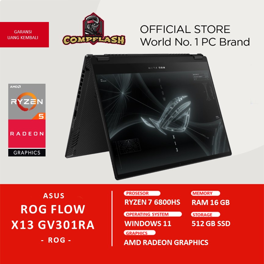 LAPTOP ASUS ROG FLOW X13 GV301RA R7RADA6TO 2IN1 TOUCH RYZEN 7 6800HS 16GB 512SSD VEGA 13.4FHD 120HZ W11+OHS