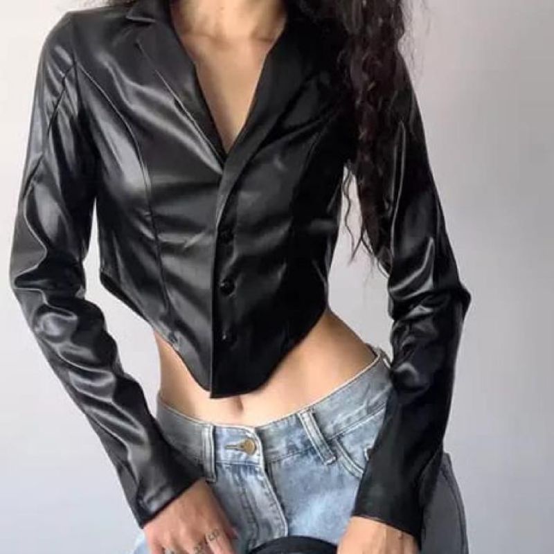 Jaket kulit wanita crop v style korea semi kulit sintetis cute korean
