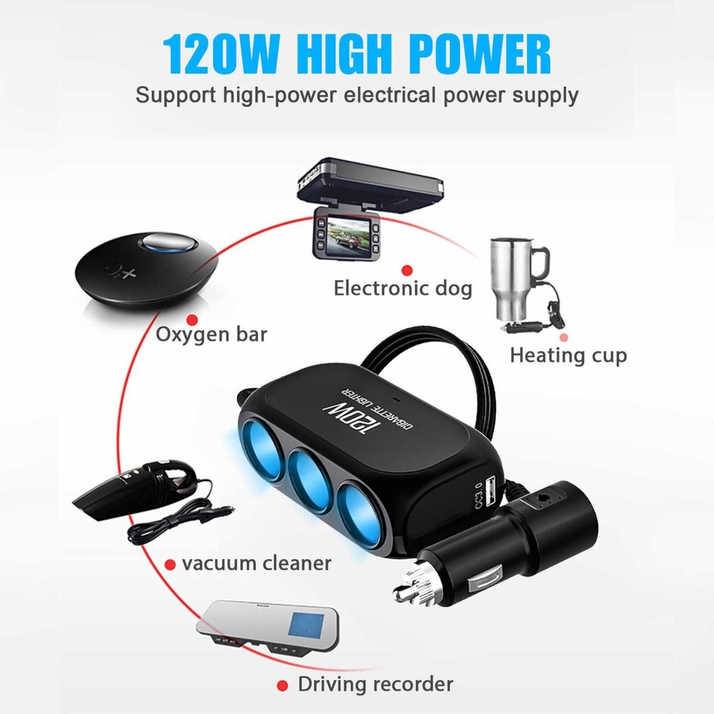 Charger Mobil 3 Cigarette + 2 USB Port Quick Charge 120W - VE12 - Black