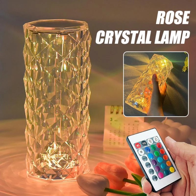 LED Lampu Meja Kristal Rose Light Projector 3/12 Colors Touch Adjustable Romantic Diamond Atmosphere Light Touch Night Light