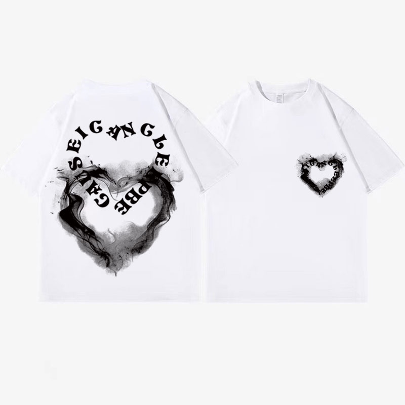 Korean Style kaos putih casual Heart print baju kaos baju oversize wanita/baju kaos cowok