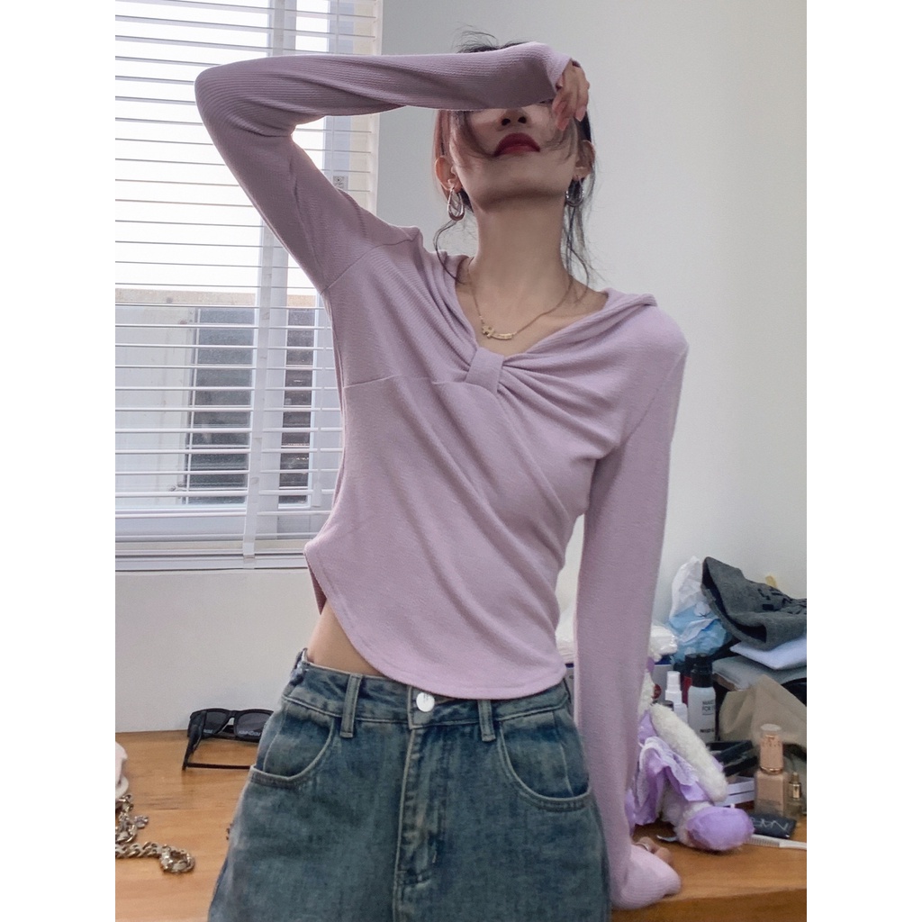 Red Gaya amerika bahu t-shirt pakaian luar berkerudung atasan rajut busur bottoming kemeja slim-fit manis keren lengan panjang musim semi baru