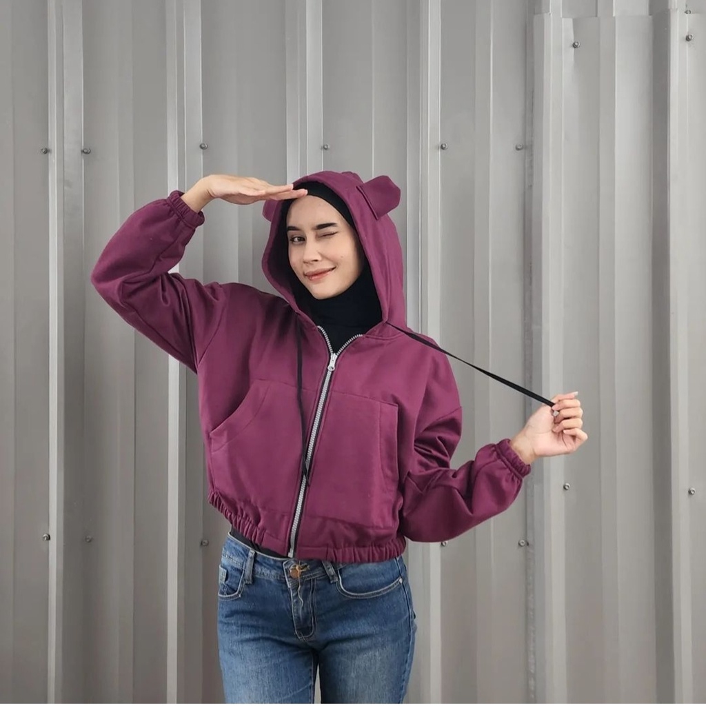 EAR CROOPE HOODIE ZIPPER SWEATER WANITA PAKAIAN CROP TOP ALA KOREAN FASHION LUCU OOTD KASUAL