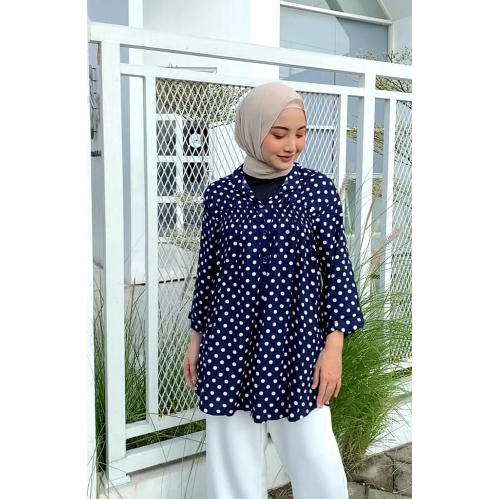 NHM Kemeja Wanita Rayon Oversize, Baju Atasan Jumbo Motif Polka