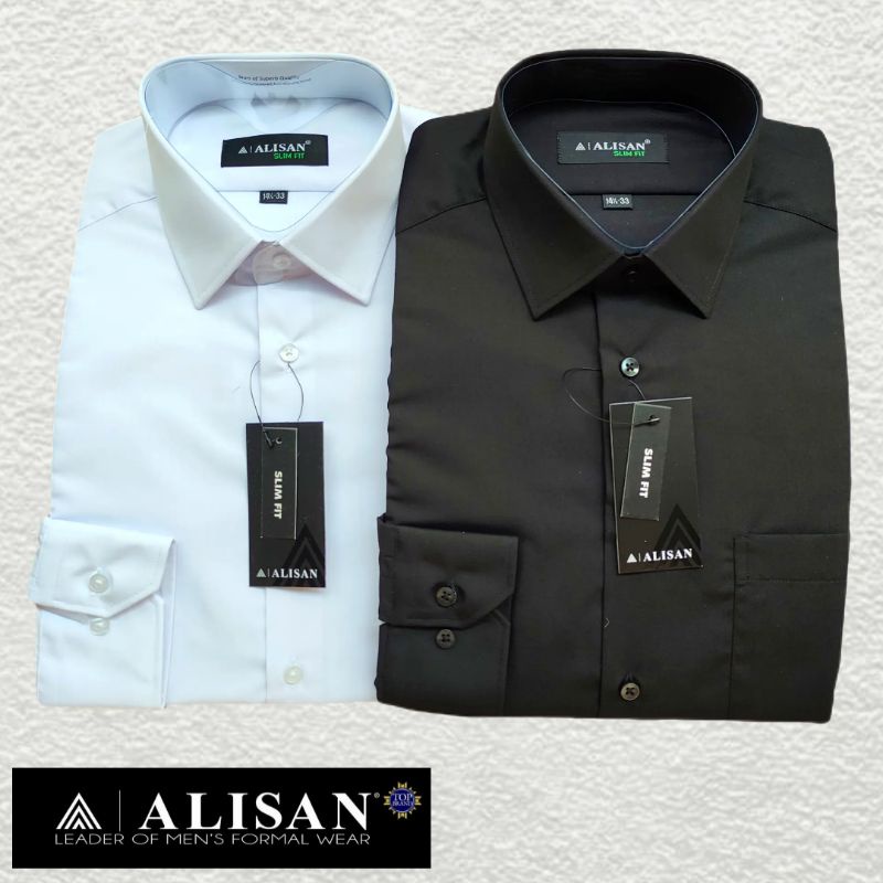 Kemeja Alisan Polos Lengan Panjang SLIM fit (Putih/Hitam)