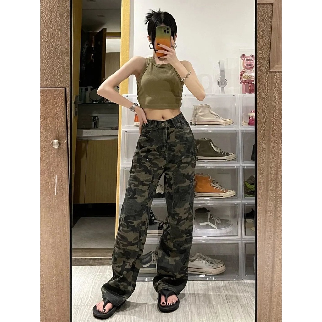 Red Celana jeans kamuflase hijau tentara wanita musim panas in high street versi Korea longgar baru slim tie-dye lurus lebar kaki celana