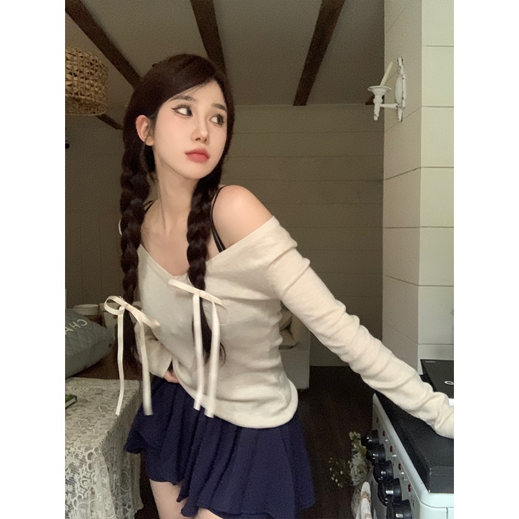 Red Gaya balet memakai setelan wanita musim semi strapless lengan panjang sweater kecil suspender rok rok pendek hot girl setelan jas tiga potong