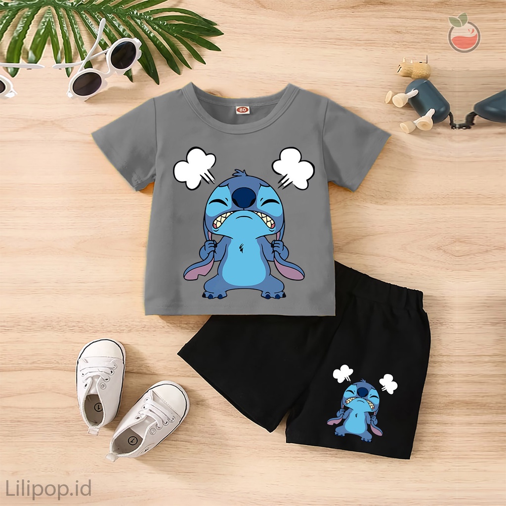 Baju Anak Stelan Kaos 3/4  LILO STITCH Cowok Cewek  Usia 1 - 4 Tahun Celana Pendek Harian