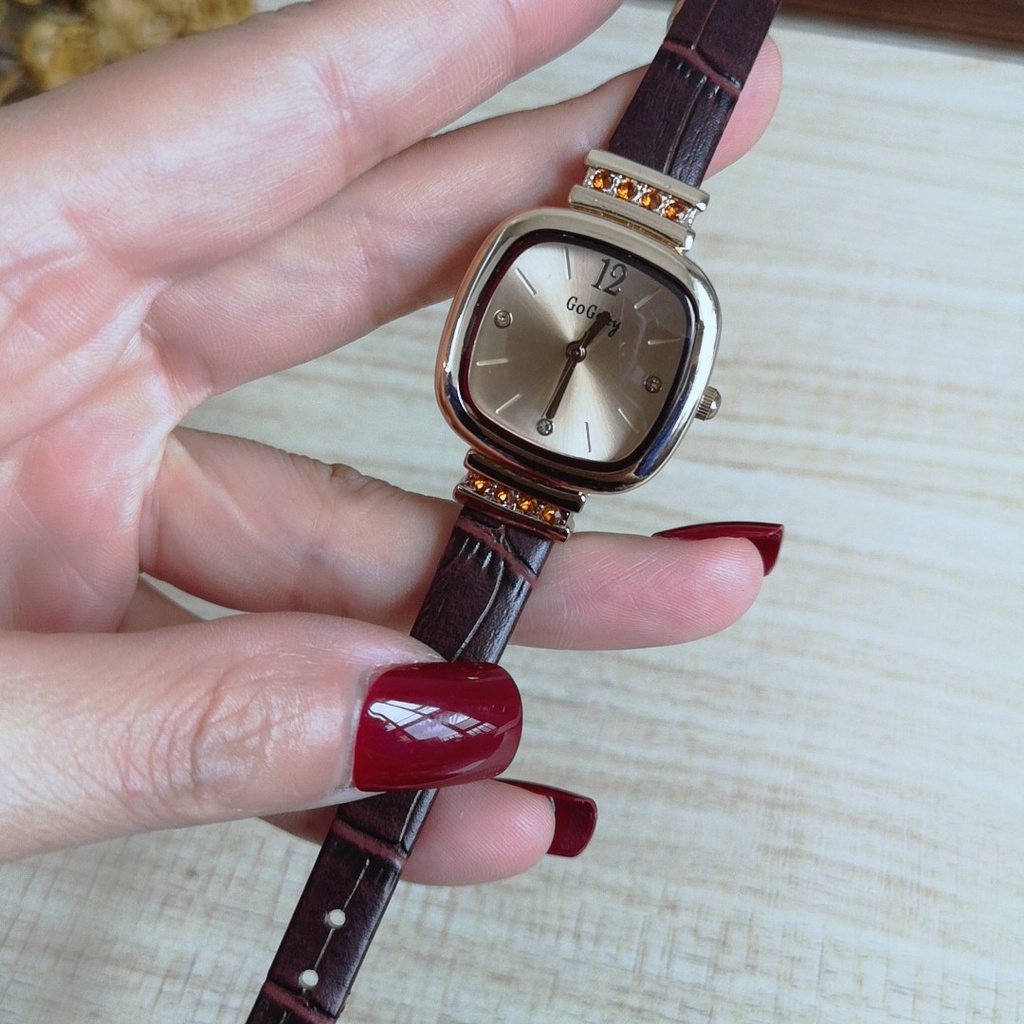 GOGOEY Jam Tangan Wanita Tali Kulit Jam Analog Vintage Segi 2023NEW