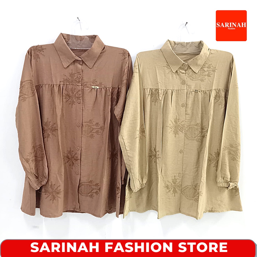 Blus Poli Linen Wanita Lengan Panjang Bermotif Jumbo Big Size