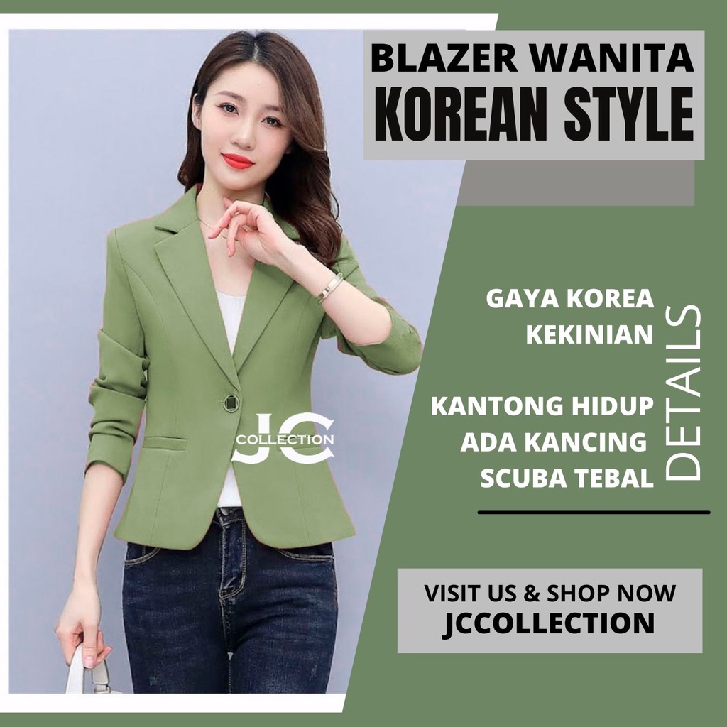 Blazer Kerja Kantor Wanita Kantong Kancing &amp; Krah Korean Style Aprilia JCCollections