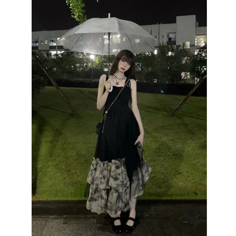 Red Hepburn style black floral sling dress women s summer new retro waist design sense niche long skirt skirt