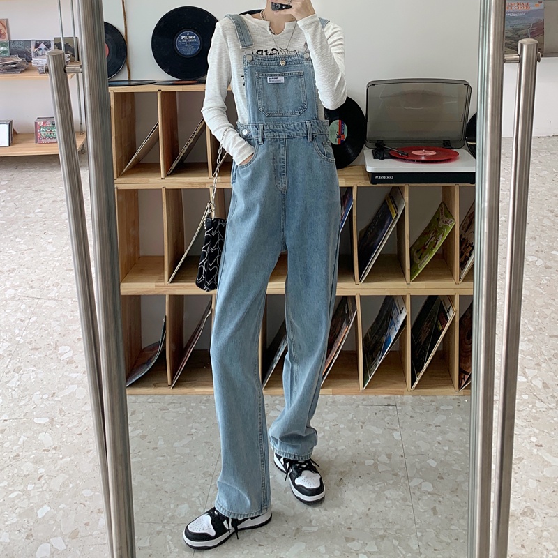 ✅COD Biru muda Overall Kaki Lebar Longgar Pinggang Tinggi Gaya Korea Wanita---Celana Kodok Jeans Wanita