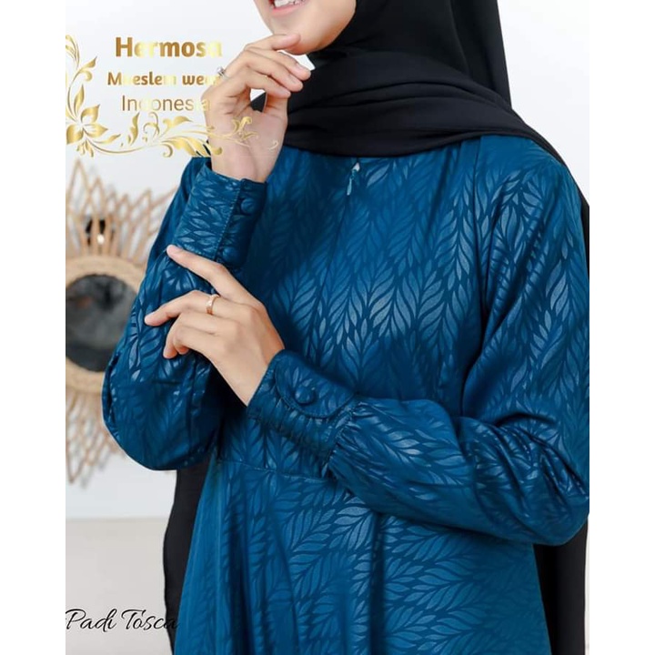 (Hermosa)Gamis hermosa embos motif padi tosca-gamis biru tosca embos wolfis syari premium hermosa