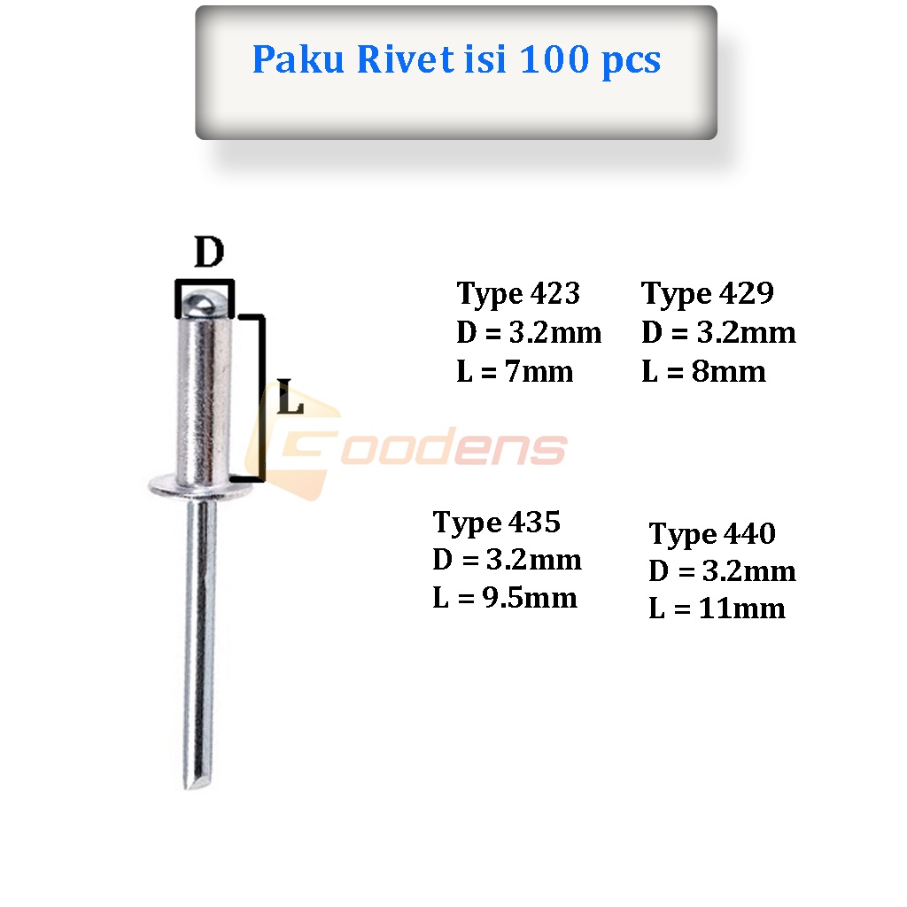 Paku Rivet Paku Keling 423, 429, 435, 440 Isi 100 pcs