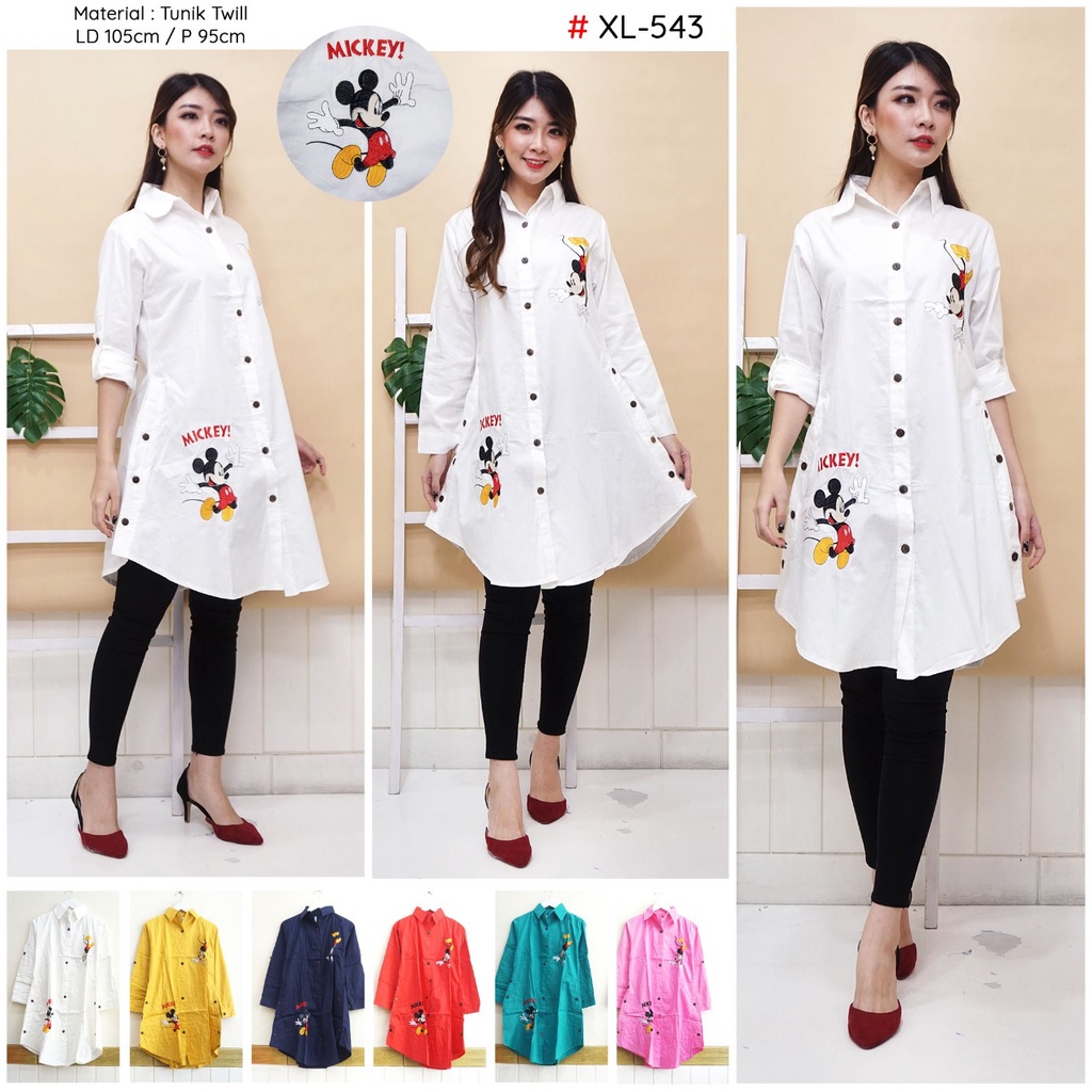 Baju Tunik Wanita Bordir Gambar Mickey Mouse Bahan Katun Twill Ukuran XL