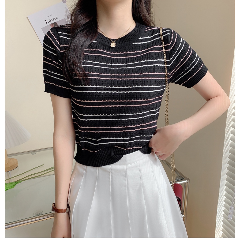 EUNII Korean Style Kaos Rajut Putih T-shirt Lengan Pendek Wanita Knit Baju Atasan