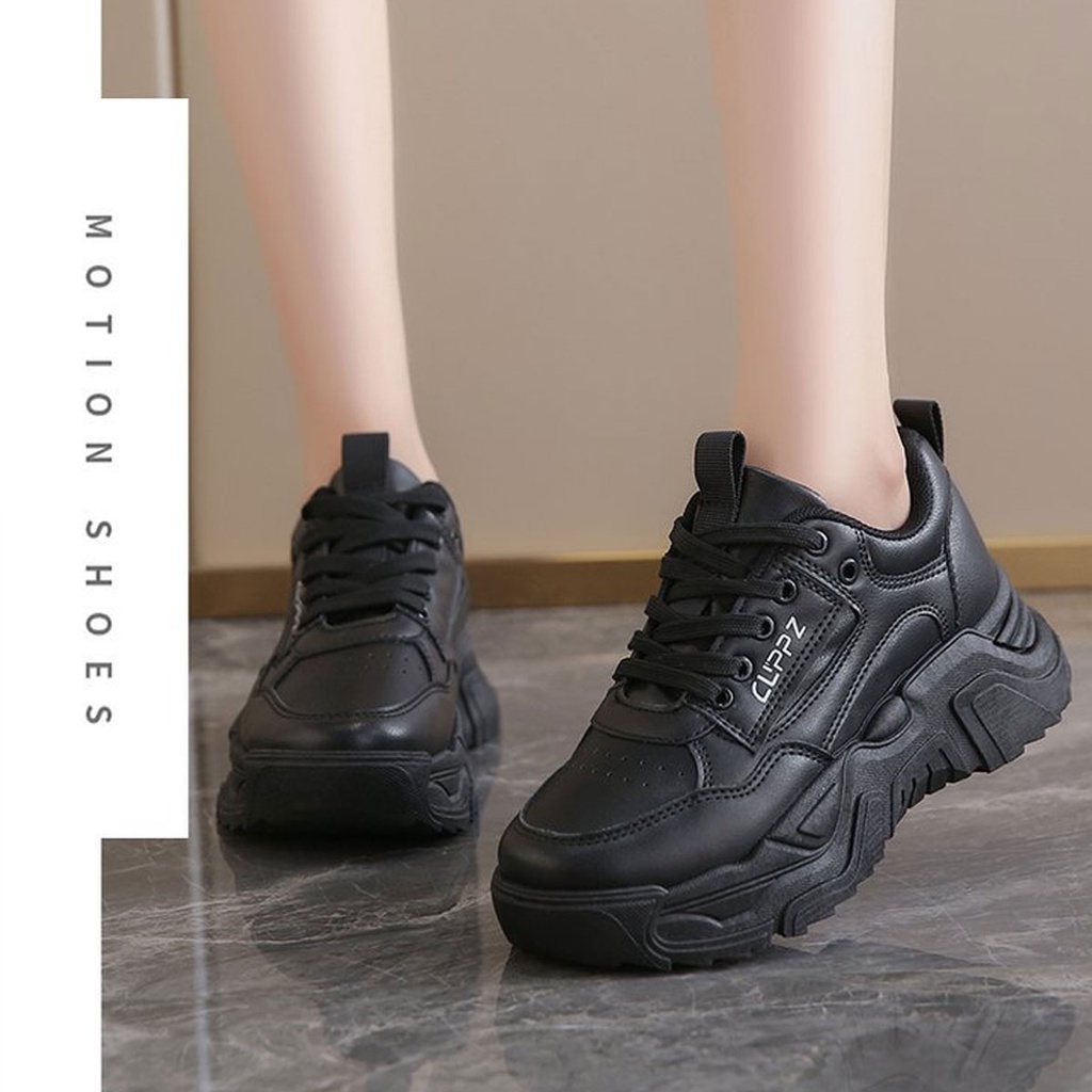 Sepatu Sneakers Wanita Korea Import Sport Shoes Hitam Stelan Korea Ando Putih Fashion Casual Pu Karet Sol Tinggi 5.5 Cm ST030