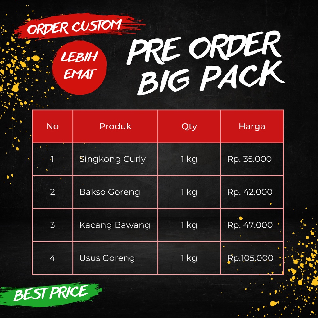 

Custem PO Keripik Singkong Kacang Bawang Usus Goreng Bakso Goreng