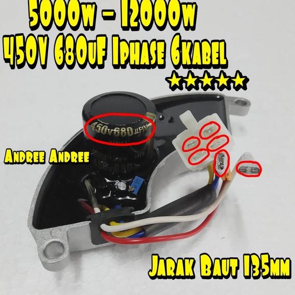AVR 450V 680uF 6 Kabel 1 Phase Aluminium Genset Bensin dan Diesel 5000 6500 6700 7000 8800 Watt w