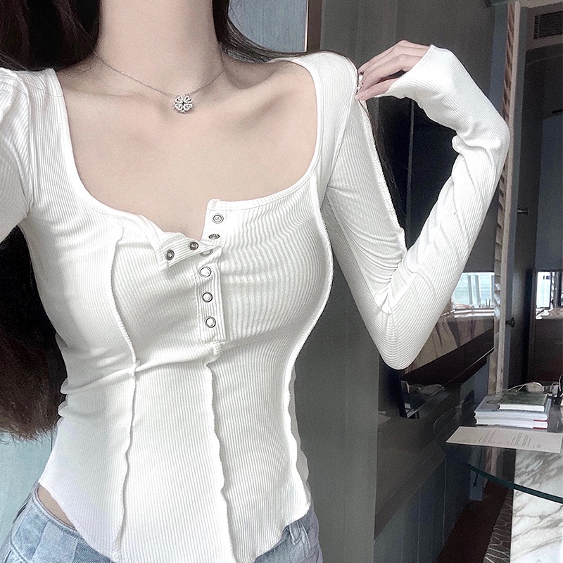 EUNII Korea Style Lengan Panjang Atasan Crop Top Desain Kancing Gaya Baju Atasan Wanita