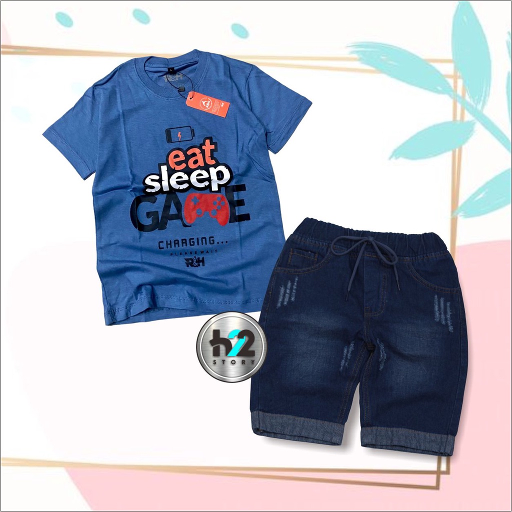 Setelan Anak Celana Jeans / Setelan Jeans Anak Laki Laki /  Setelan Kaos Distro Anak Celana Jeans Pendek Usia 3-12 Tahun / By H22Story
