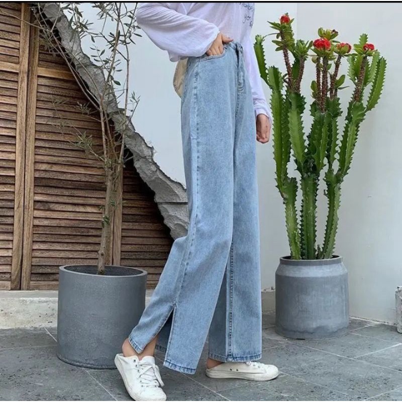 Celana Jeans Slit wanita blue highwaist