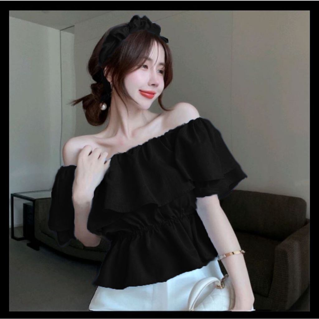 Atasan Sabrina Wanita Off Shoulder Lengan Pendek Bahan Adem Free Bando 934