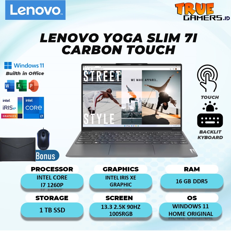 Laptop Lenovo Yoga Slim 7I Carbon Touch intel I7 1260P Ram 16GB 1TBSSD IRISXE Win 13.3 2.5K 90HZ 100SRGB