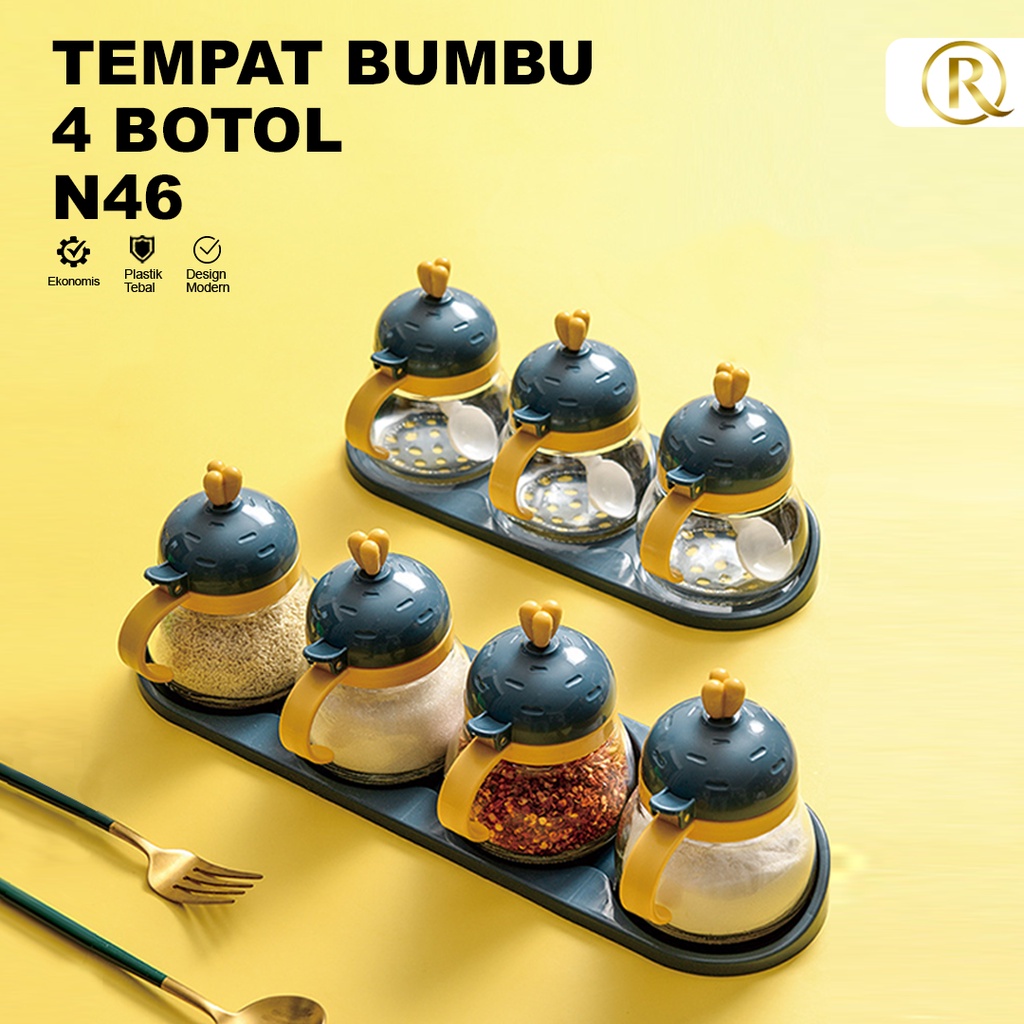 Tempat Bumbu Dapur Kaca N46 250g isi 4 Botol dengan Sendok dan Tatakan