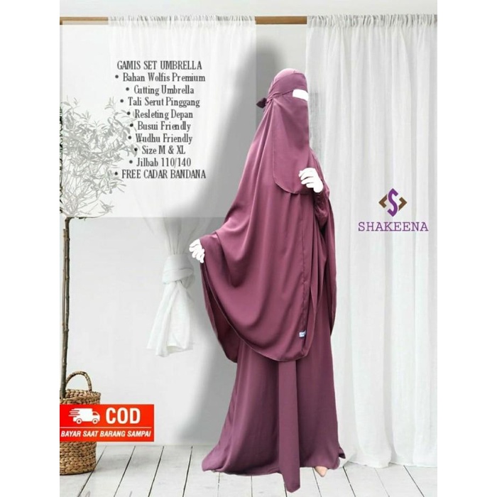Gamis sunnah set syari Wolfis free cadar bandana
