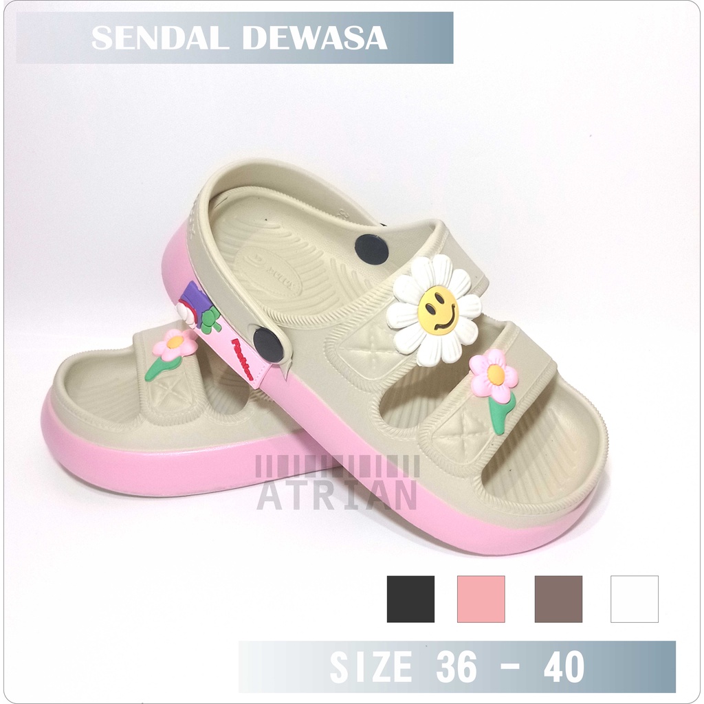 SENDAL DEWASA FLAT CASUAL BARU TALI BELAKANG MOTIF BUNGA BARU KEKINIAN