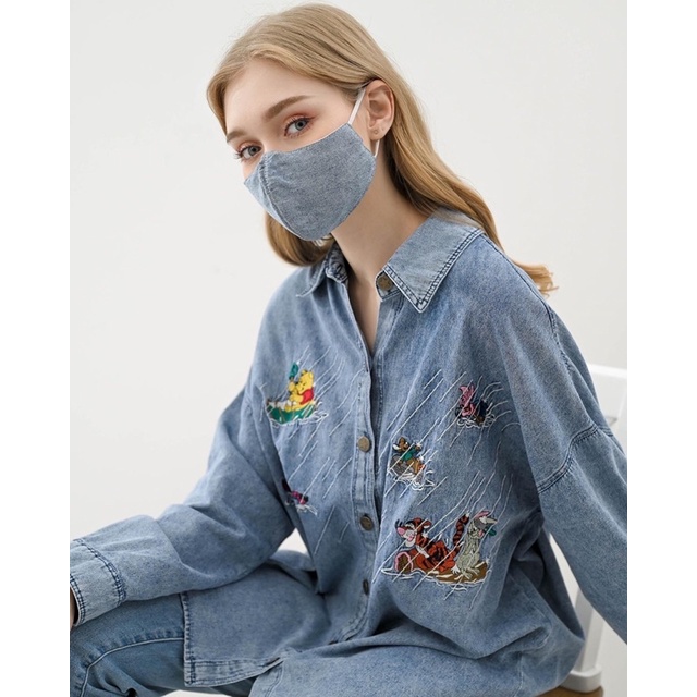 KEMEJA WANITA TANGAN PANJANG JEANS POOH SHIRT - FREE MASKER