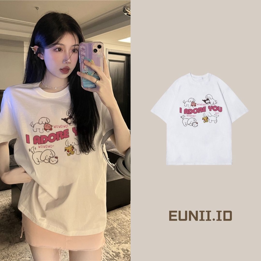 EUNII T-shirt Lengan Pendek Cartoon Pink Dog Korean Style/Kaos Atasan Wanita/Baju Kaus Oversize Wanita/Kaos Wanita