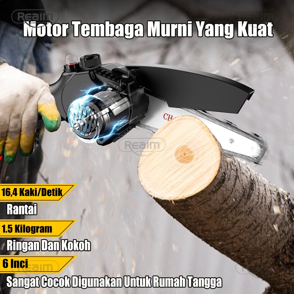 Reaim [Garansi 3 tahun] Cordless Chainsaw 6 inch 198V Mini Chainsaw mesin gergaji kayu/ Portable Gergaji Rantai/ Reciprocating Saw/ gergaji listrik/ gergaji mesin gergaji with berisi dua baterai