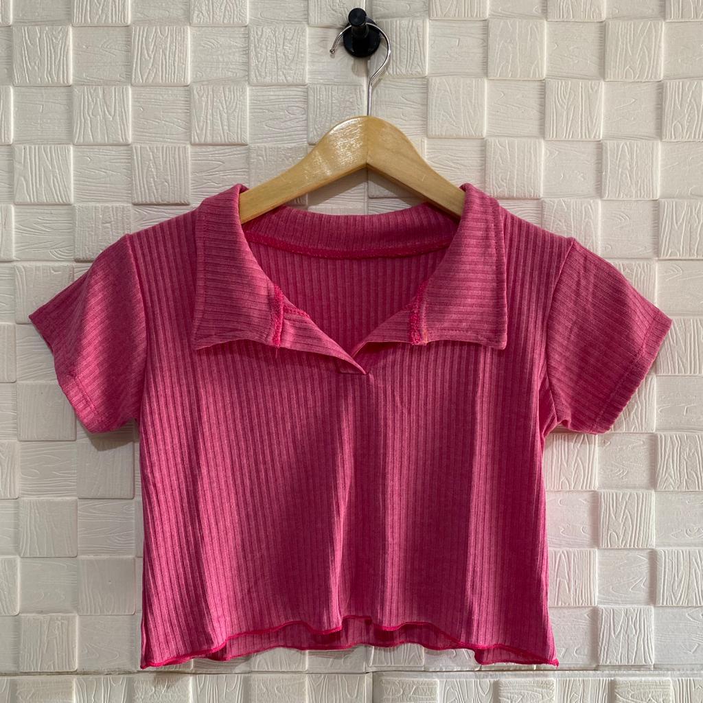 atasan kaos crop kerah rajut lengan pendek wanita/atasan wanita/kaos crop/pakaian wanita/baju crop w