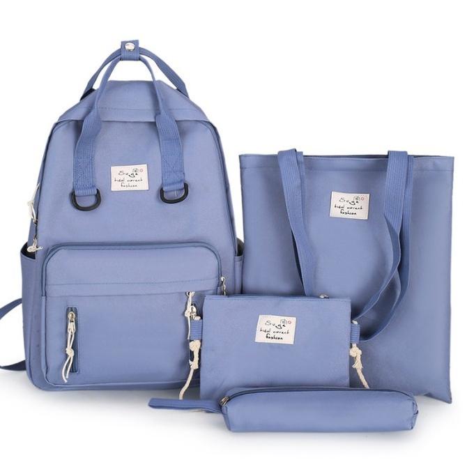Tb-64 Set 4 Pcs Tas Wanita Ransel Sekolah Kampus Pouch Canvas Bag