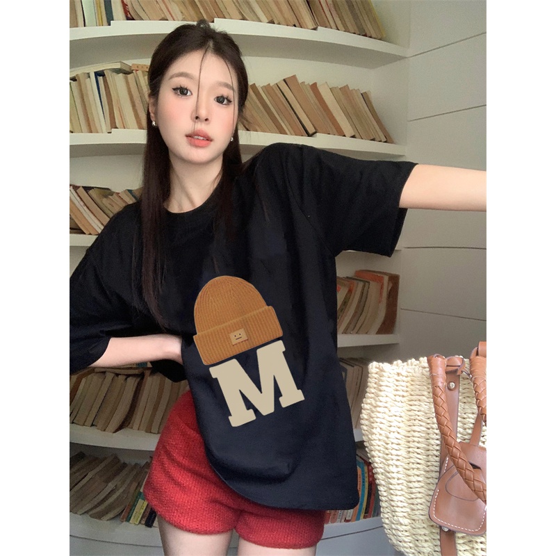 EUNII T-shirt Lengan Pendek Cartoon Hat Korean Style/Kaos Atasan Wanita/Baju Kaus Oversize Wanita/Kaos Wanita