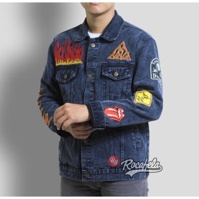 [SIAP KIRIM] JAKET JEANS PRIA BOMBER ROCAFELA FLAME FULL BORDIR ORIGINAL ROCAFELA MOTIF KEREN TERBARU