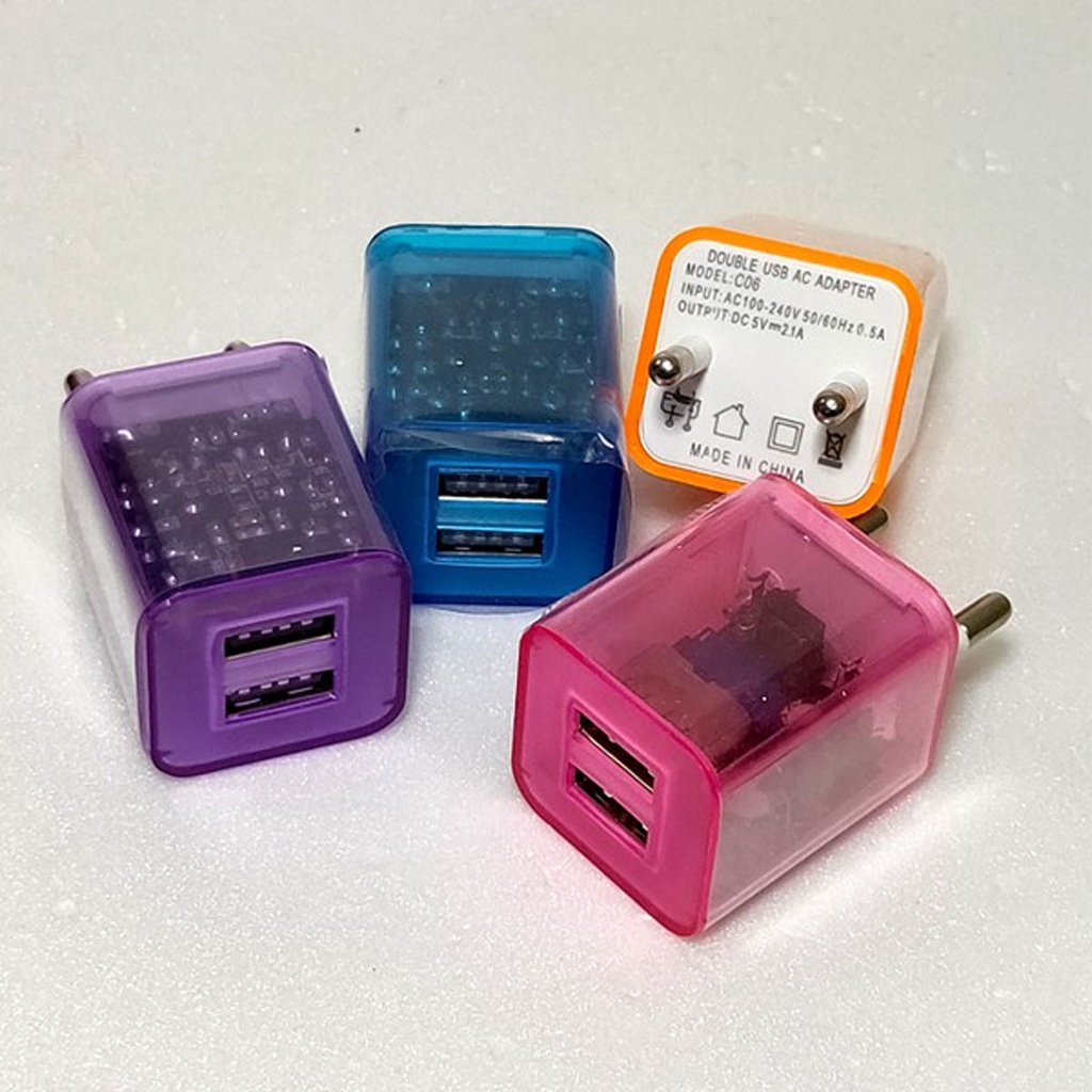 Adaptor 2 USB 1A 2.1A LED Transparan Warna Warni Charger Batok 2 Lubang Kepala Charger Head 2in1 2 Output Adapter